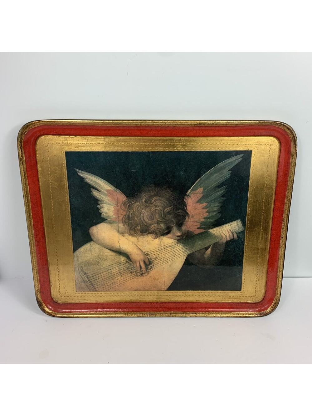 Vtg Neiman Marcus Serving Tray Italy Florence Gold Gilt & Red Cherub Regency